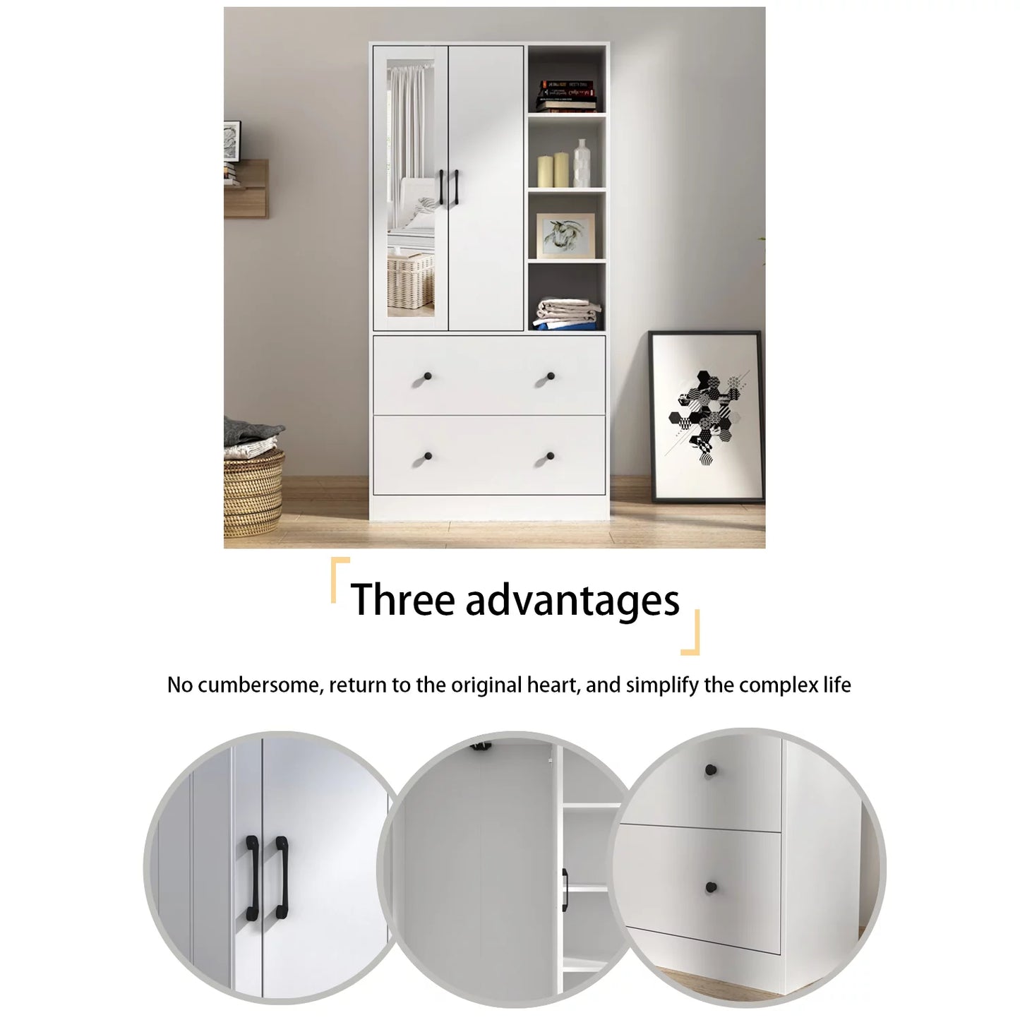 OXYLIFE 2 Door Wardrobe Armoire, White Closet Storage Organizer with Two Drawers, Telescopic Clothing Rod and Shelves for Bedroom