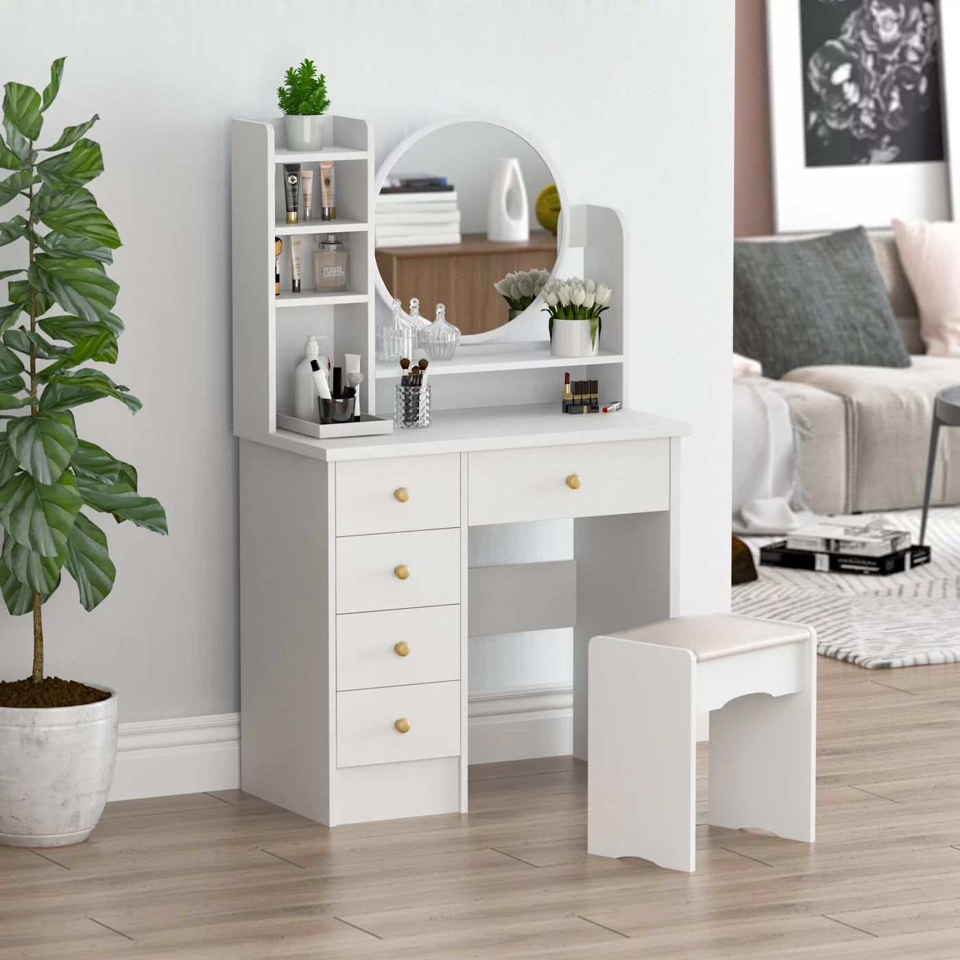 OXYLIFE Vanity Set with Mirror, Makeup Vanity Dressing Table with 5 Drawers, Storage Shelves, Vanity Desk for Bedroom, White