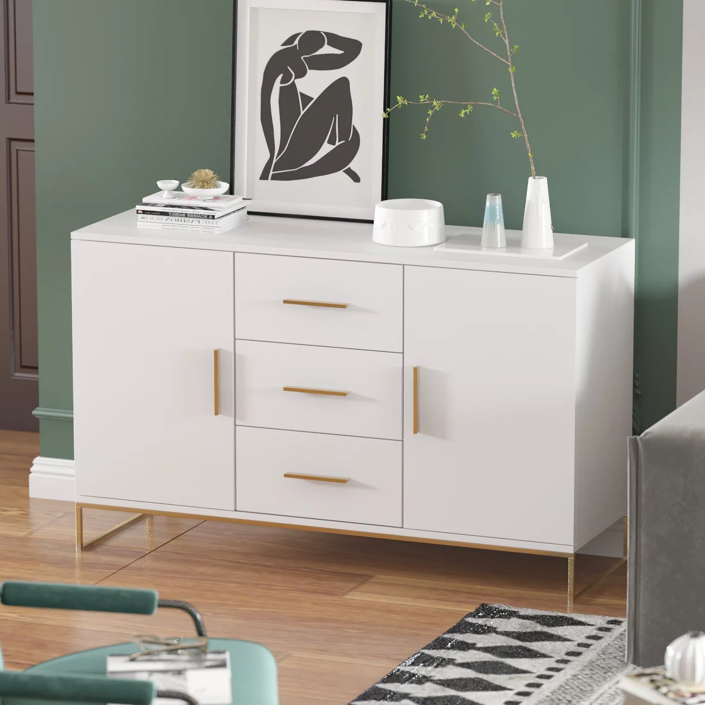 47.2" Wide 3 Drawer Buffet Sideboard, Modern Kitchen Storage Cabinet Console Table White