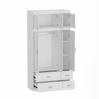 Oxylife Wardrobe Armoire with Hutch and Drawers, Bedroom Armoire, Contemporary, White