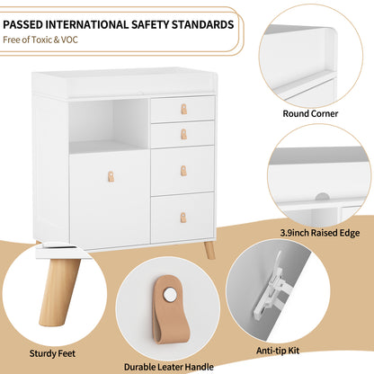 OXYLIFE 33.5" Baby Changing Table Nursery Dresser with 5 Drawers and Raised Feet, Shelf and Trash Can Storage for Nursery Room, White