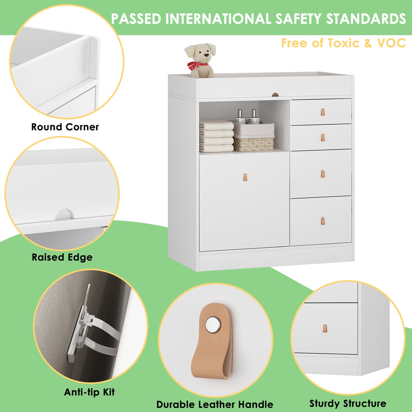 OXYLIFE 33.5" Baby Changing Table Nursery Dresser with 4 Drawers, Shelf and Trash Storage for Nursery Room, White