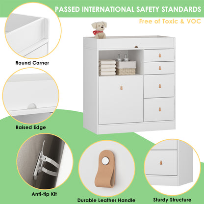 OXYLIFE 33.5" Baby Changing Table Nursery Dresser with 4 Drawers, Shelf and Trash Storage for Nursery Room, White
