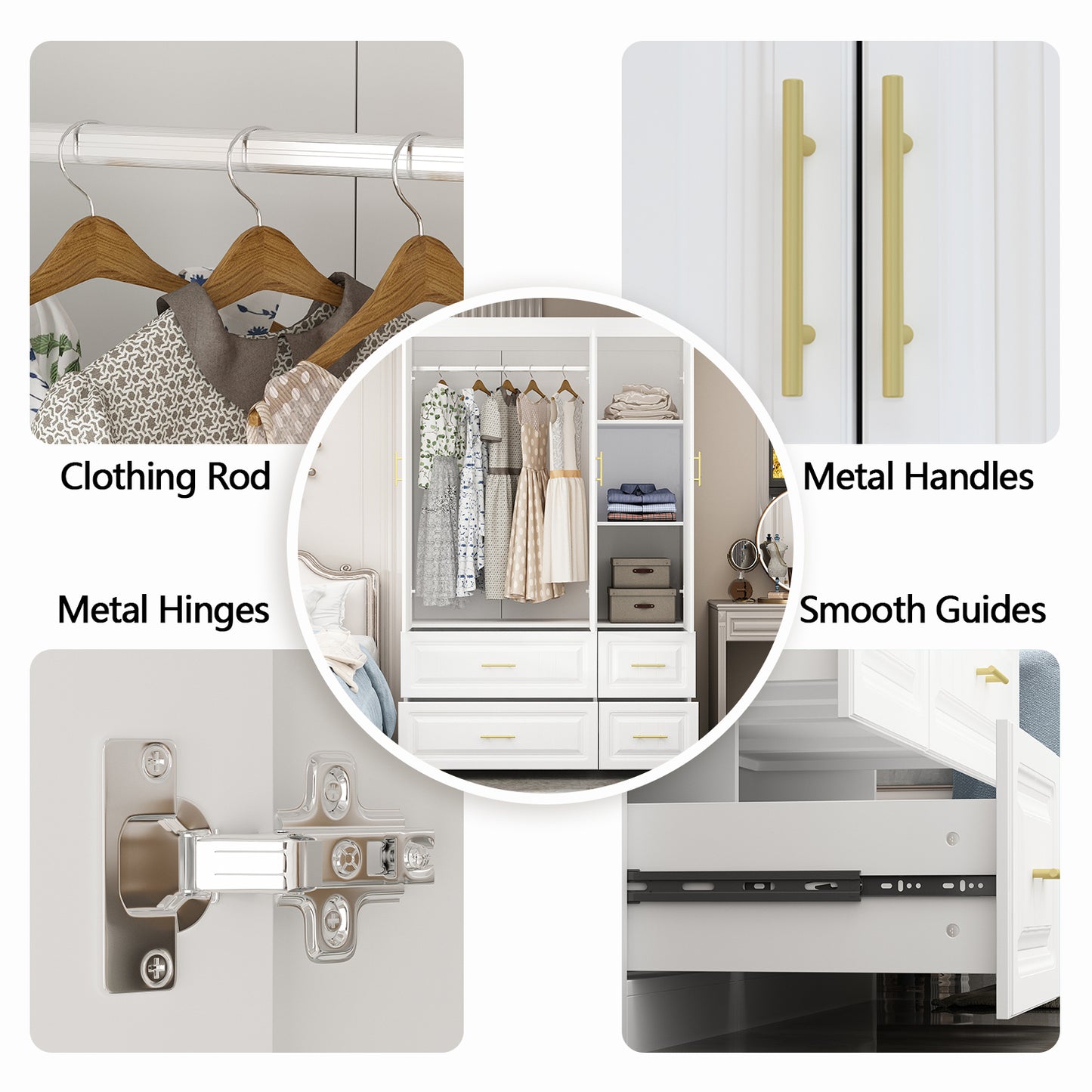 Oxylife Wardrobe Armoire Closet with 4 Drawers and Clothing Rod for Bedroom in White