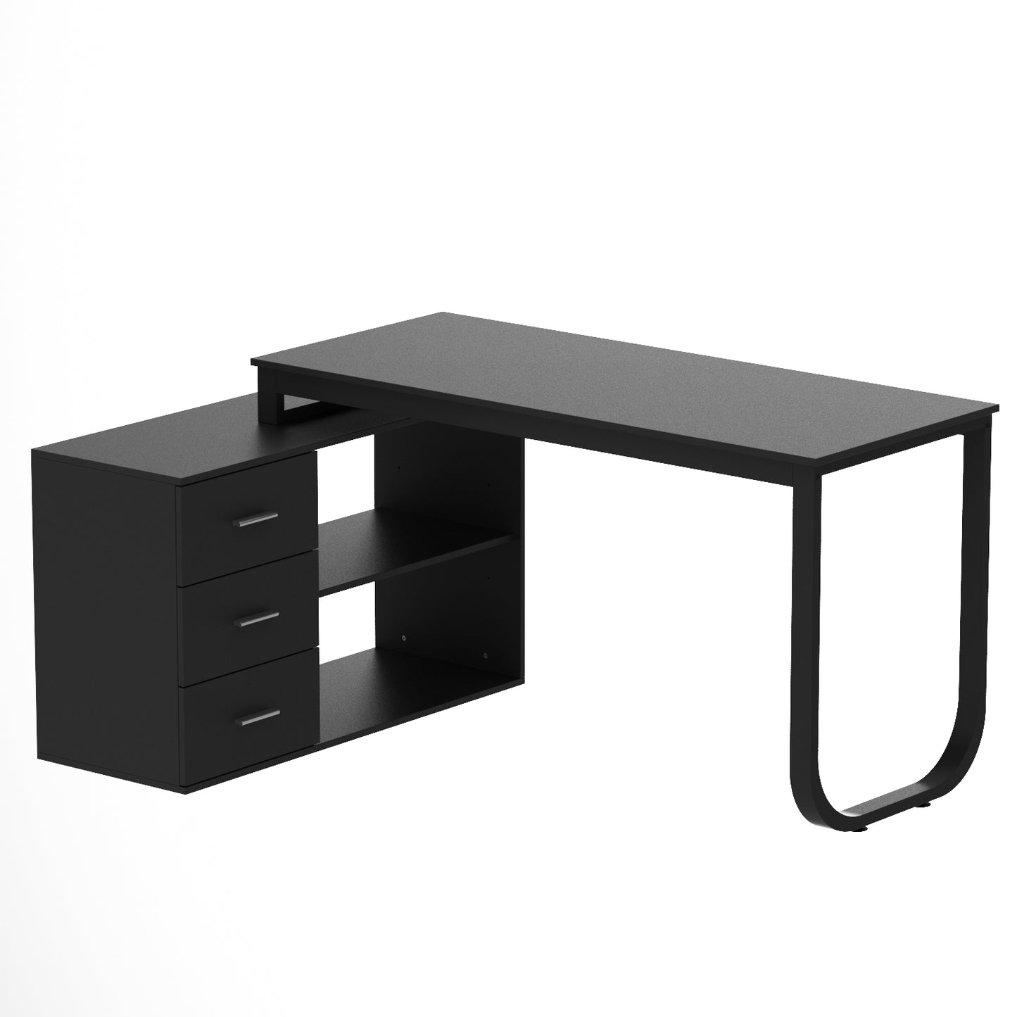 OXYLIFE Home Office Desk, 55 Inch Wood and Metal Study Corner Desk, Writing Workstation with Shelves and File Cabinet, Black