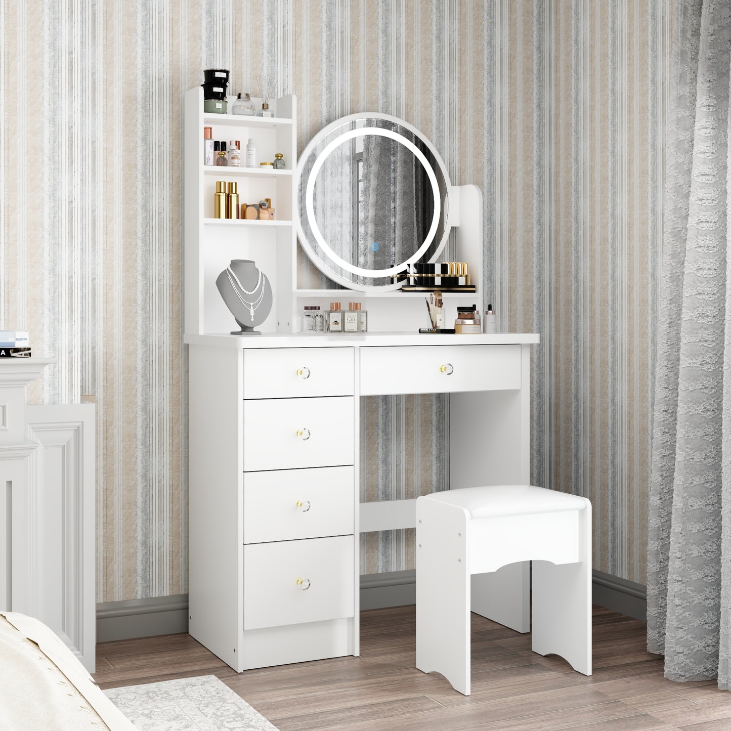 Oxylife Vanity Table Set with Mirror and Dimmable LED Lights, Makeup Table with 5 Drawers and Shelves, Dressing Vanity Tables for Girls Women, White