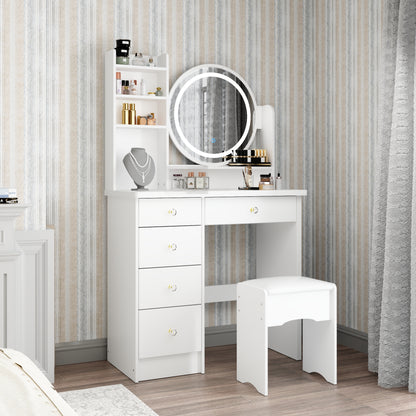 Oxylife Vanity Table Set with Mirror and Dimmable LED Lights, Makeup Table with 5 Drawers and Shelves, Dressing Vanity Tables for Girls Women, White