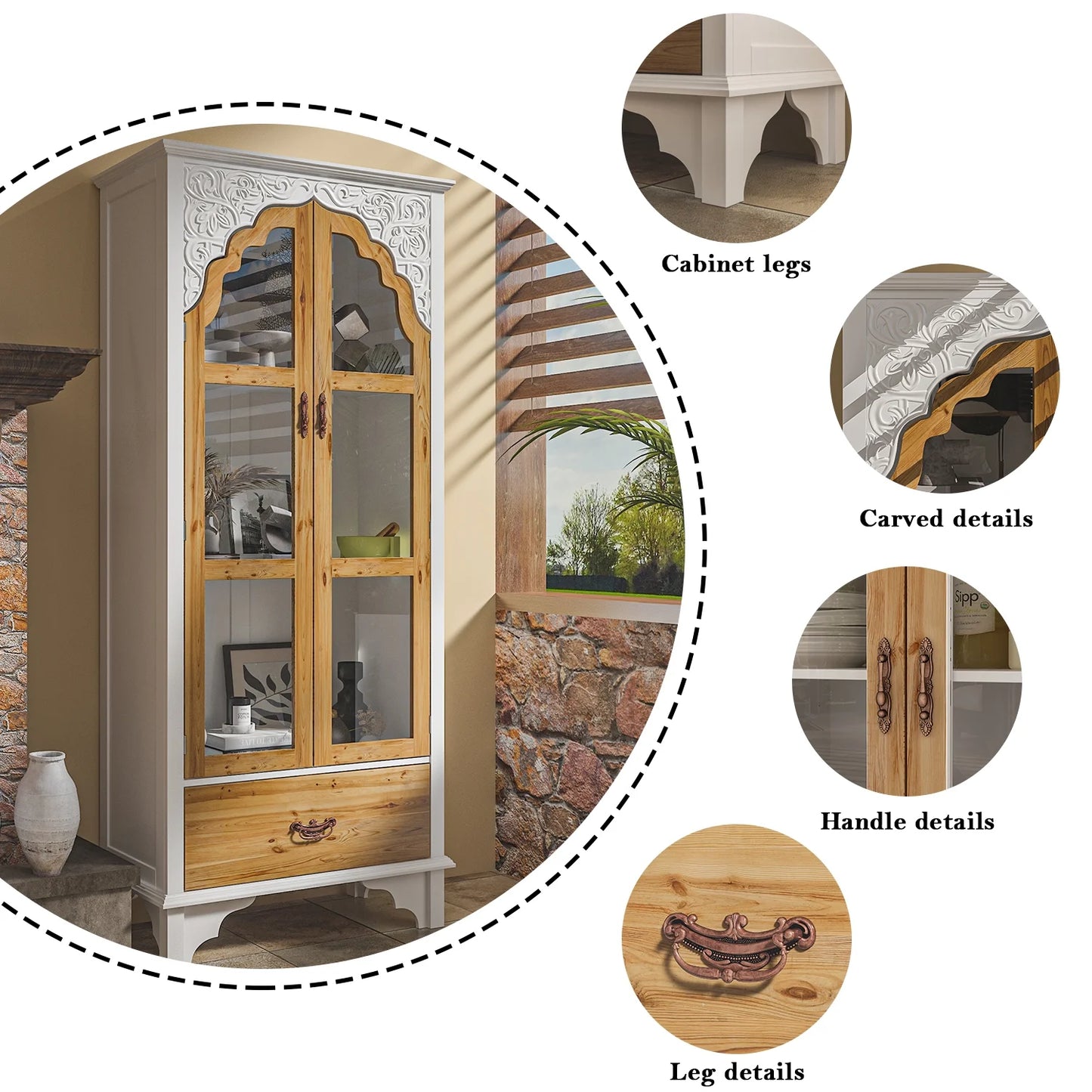OXYLIFE Bookcase Display Cabinet with Glass Doors, 3 Tier Shelves and Drawer for Living Room