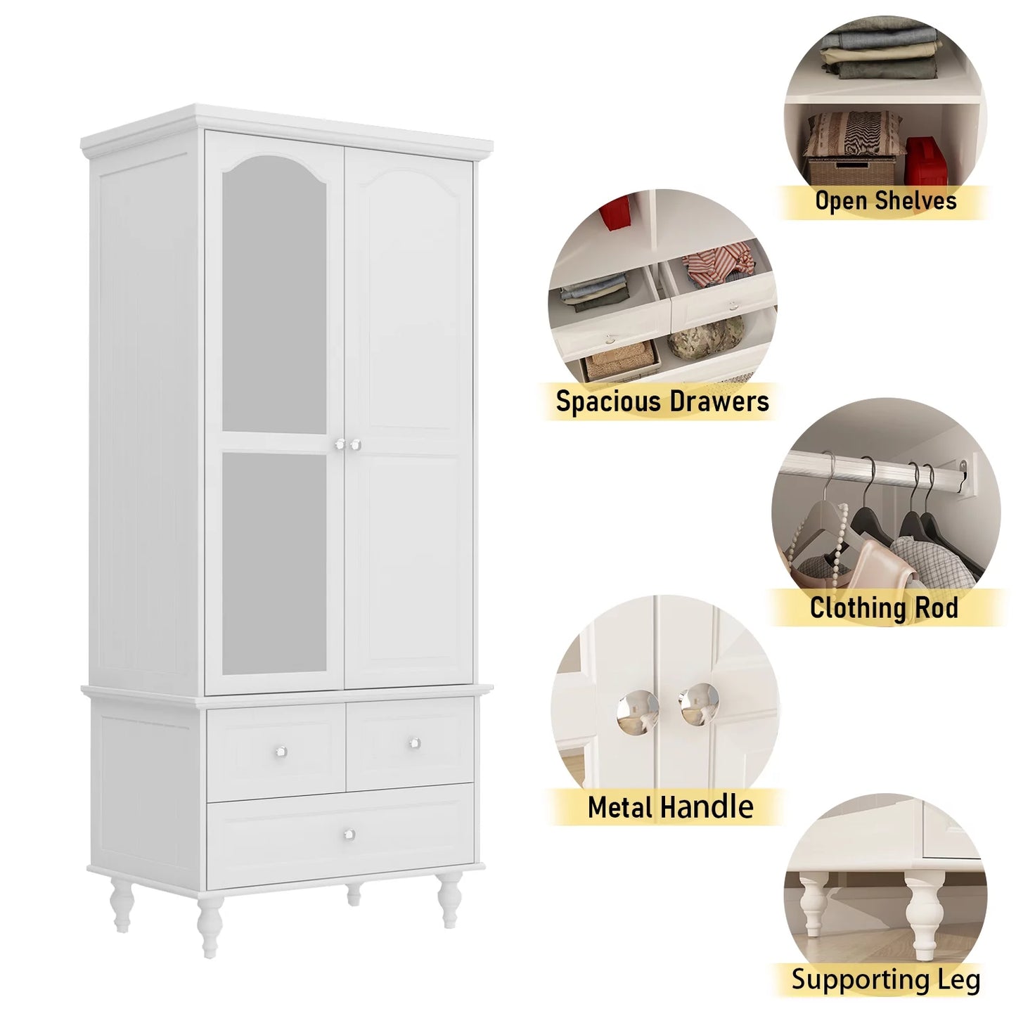 OXYLIFE 2 Door Wardrobe with Three Drawers and Hanging Rod plus Mirror, White