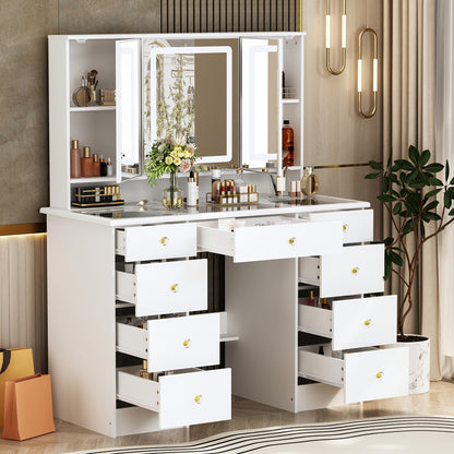 OxyLife Modern Adult Vanity Table Set with Glass Top, Mirror, LED Lights and 9 Drawers