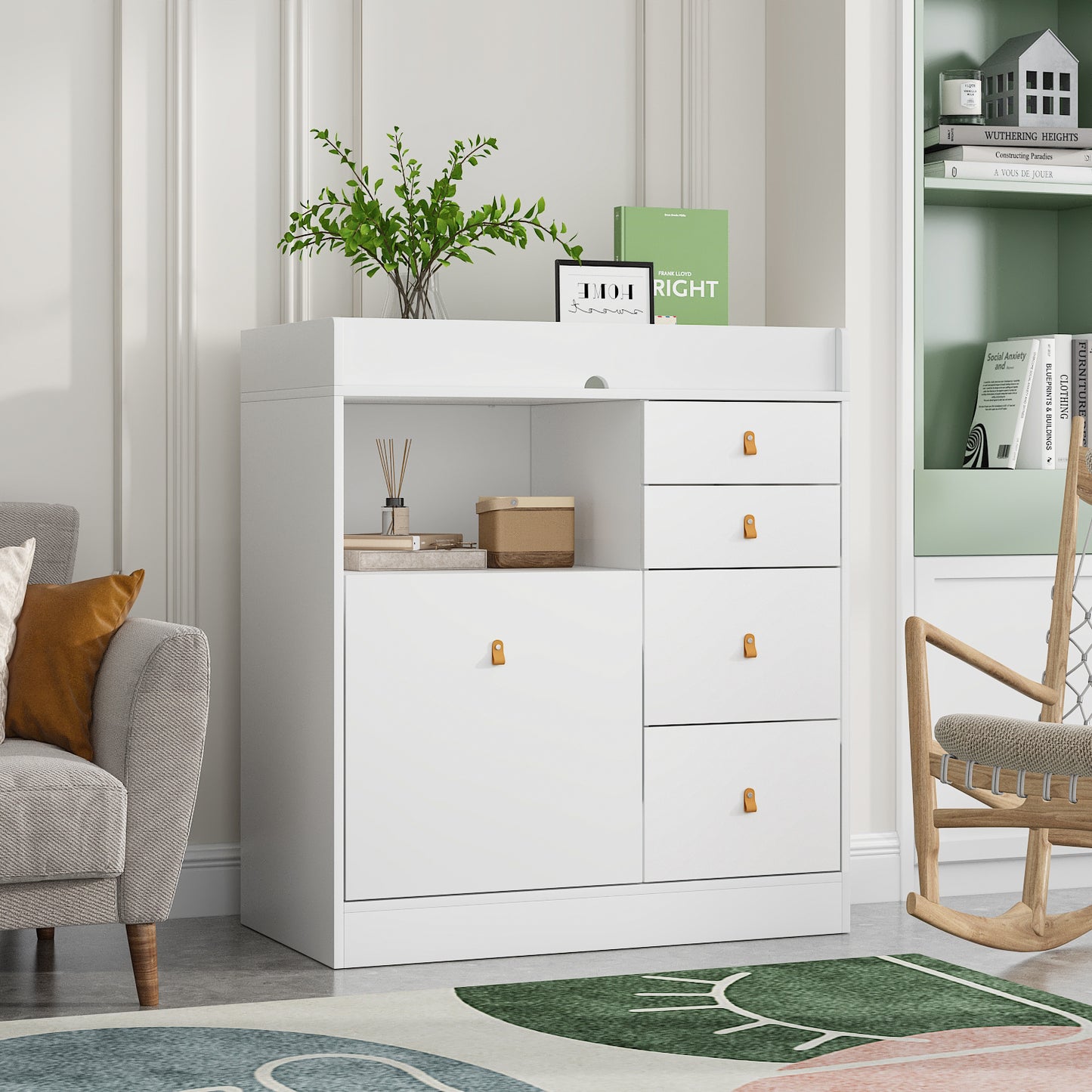 OXYLIFE 33.5" Baby Changing Table Nursery Dresser with 4 Drawers, Shelf and Trash Storage for Nursery Room, White