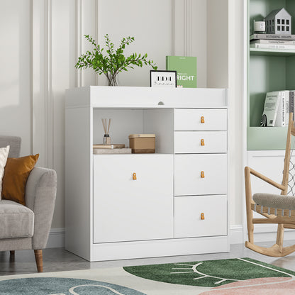 OXYLIFE 33.5" Baby Changing Table Nursery Dresser with 4 Drawers, Shelf and Trash Storage for Nursery Room, White