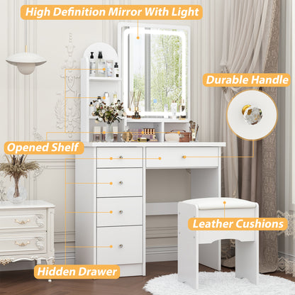 Oxylife Vanity Set with 5 Drawers and Shelves, Makeup Table with Light Mirror,White