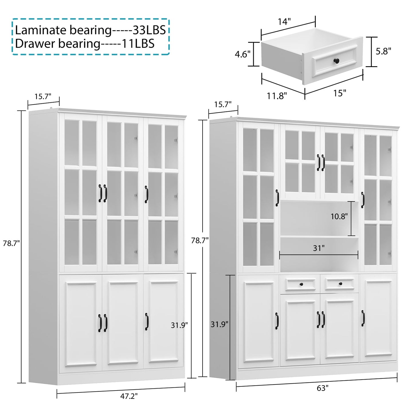 OXYLIFE 78.7"inch Bookcase Display Storage Cabinet Set with 25 Shelves and Drawers, White (110.2" Wide)