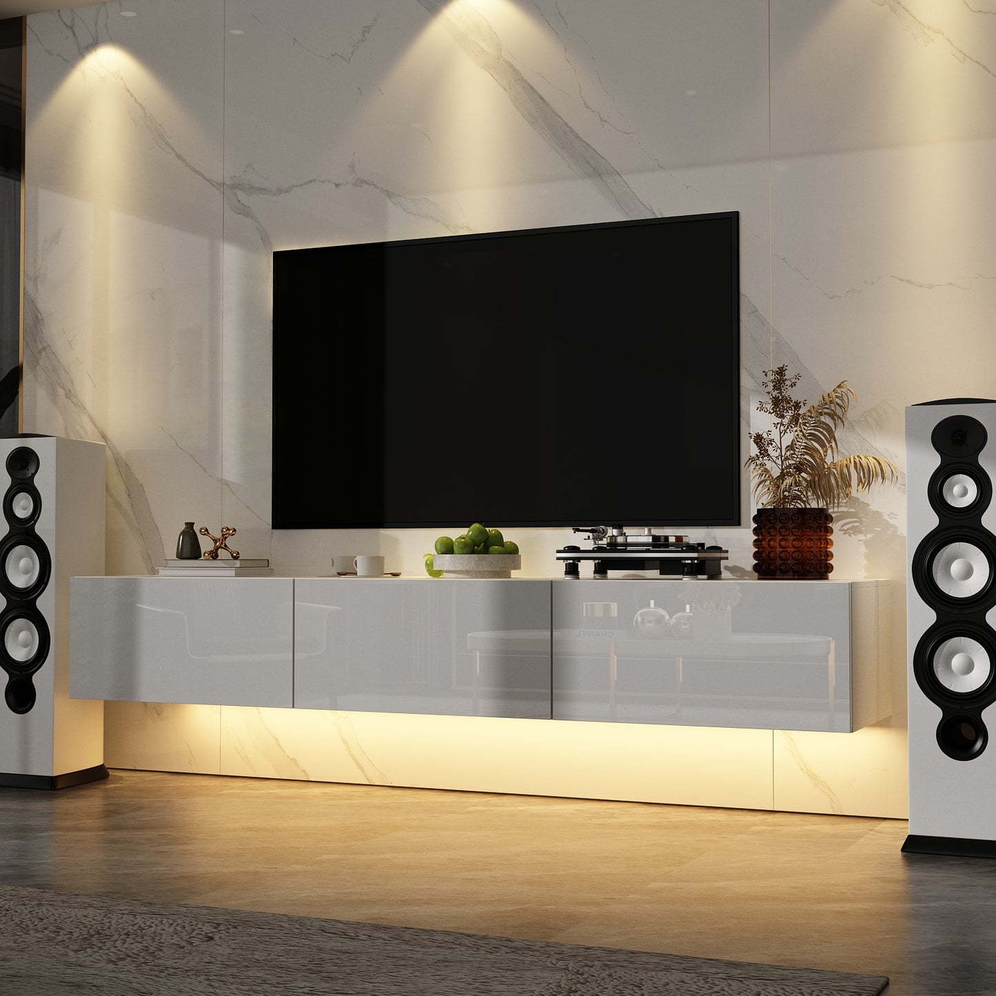 OXYLIFE Floating LED TV Stand with Drawers, Wall Mounted Entertainment Center with Storage and LED Light, White