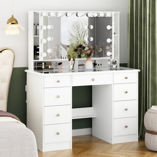 OxyLife Modern Adult Vanity Table Set with Glass Top, Mirror, LED Lights, and 9 Drawers
