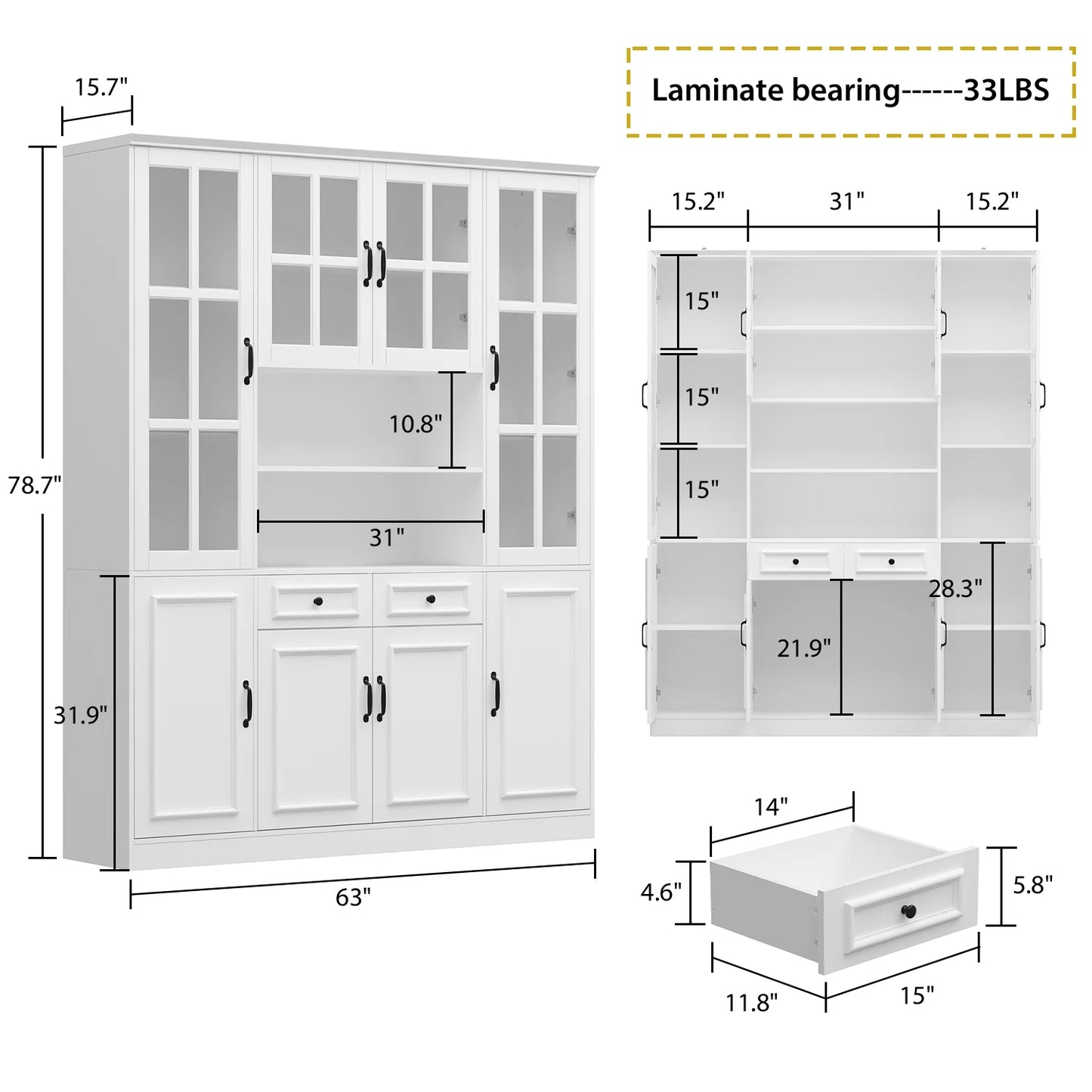 OXYLIFE 78.7 inch Bookcase Display Storage Cabinet Cupboard with 15 Shelves and Drawers, White (63" Wide)