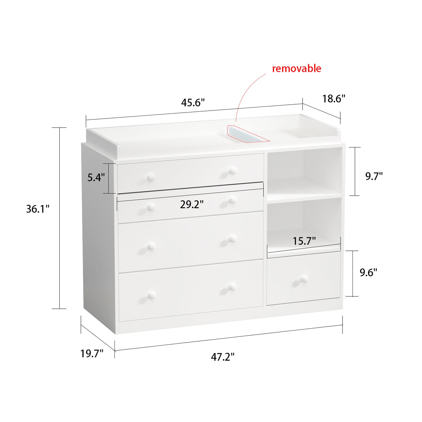 Hitow Baby Changing Table Dresser Nursery Chest with Storage, 5 Drawers and 2 Shelves, White