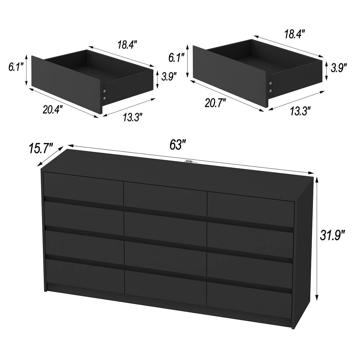 Oxylife Modern 12-Drawer Dresser with Large Storage, Side Cabinet for Bedroom/Living Room, Black