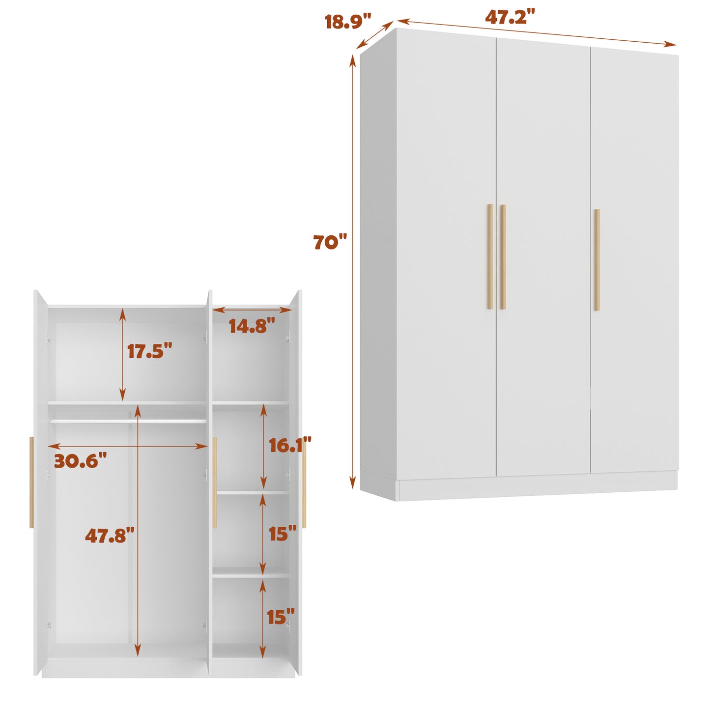 OxyLife 3 Door Wardrobe Armoire with Clothing Rod and Storage Shelves, White, 70"H