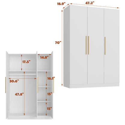 OxyLife 3 Door Wardrobe Armoire with Clothing Rod and Storage Shelves, White, 70"H