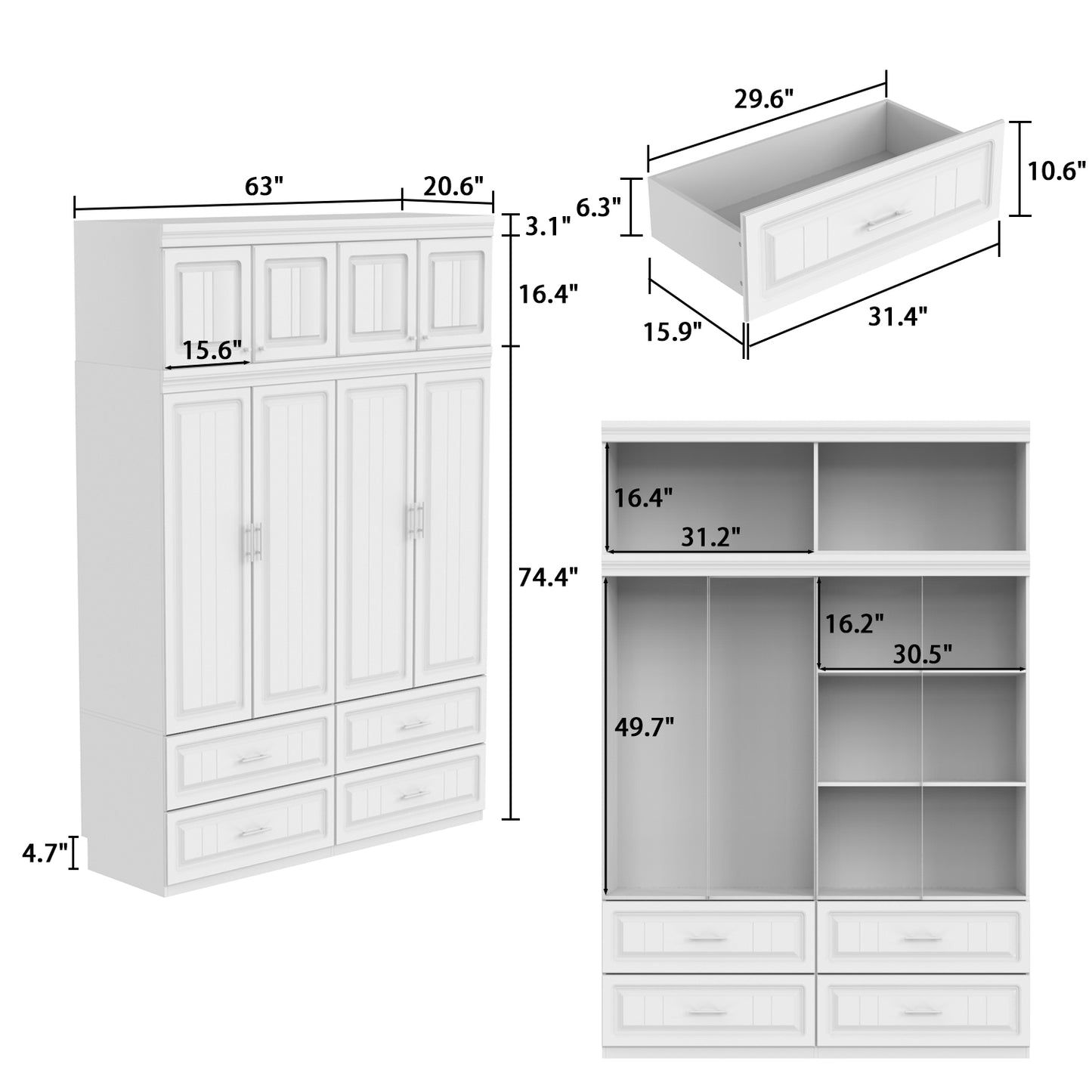 OXYLIFE 4-Door Wardrobe Armoire with Hutch, Shelves and Drawers,White Closet Storage Cabinet with Clothing Rod for Bedroom, 93.3" H