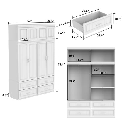 OXYLIFE 4-Door Wardrobe Armoire with Hutch, Shelves and Drawers,White Closet Storage Cabinet with Clothing Rod for Bedroom, 93.3" H