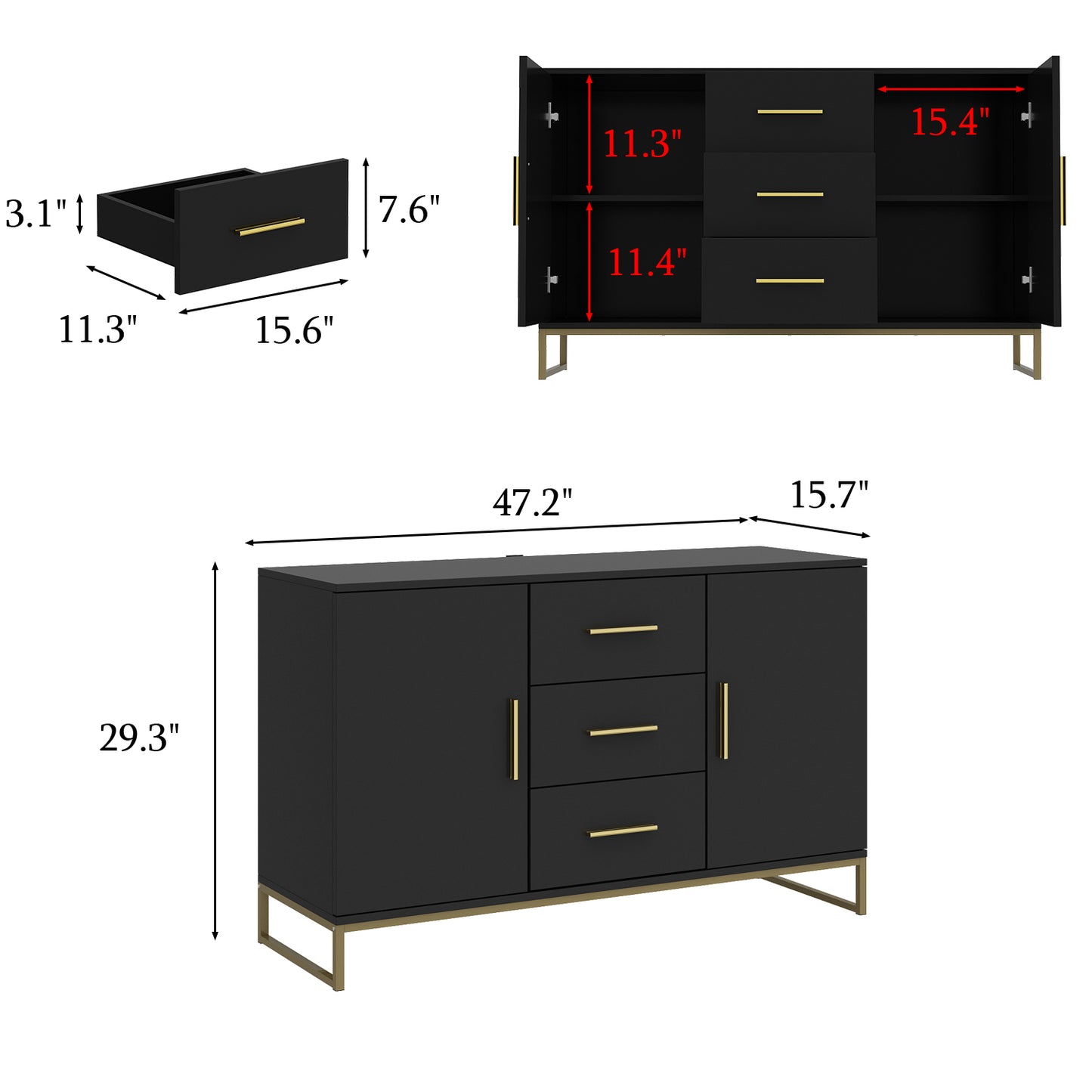 OXYLIFE Kitchen Buffet Sideboard, Black Storage Cabinet with 3 Drawers for Living Room Kitchen, 47.2" Wide