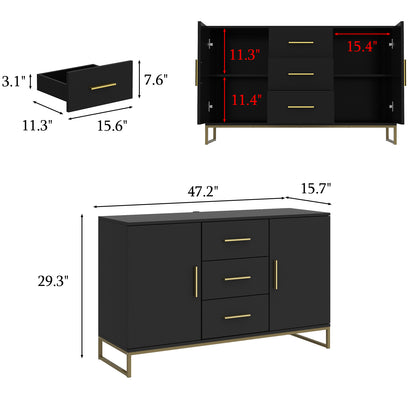 OXYLIFE Kitchen Buffet Sideboard, Black Storage Cabinet with 3 Drawers for Living Room Kitchen, 47.2" Wide