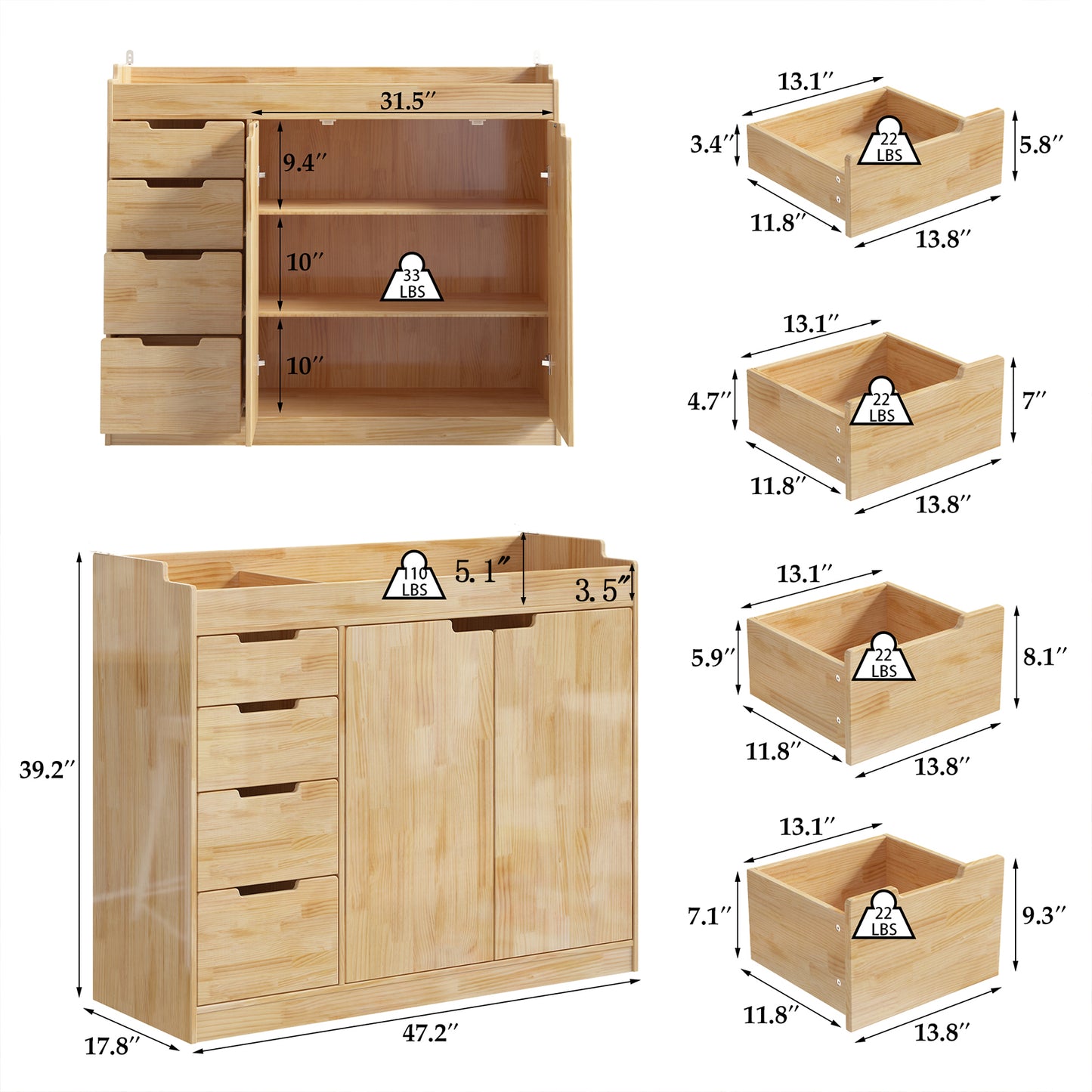 OXYLIFE 47.2'' Solid Wood Baby Changing Table Dresser with 4 Drawers and 2 Doors, Modern Nursery Dresser with Changing Table Top,Safety Guardrails, Baby Diaper Station Cabinet for Kids Room, Natural