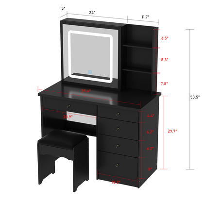 Oxylife Makeup Vanity Table Set with Sliding Lighted Mirror, 5 Drawers and Storage Shelves, Dressing Table Desk with Stool,Black