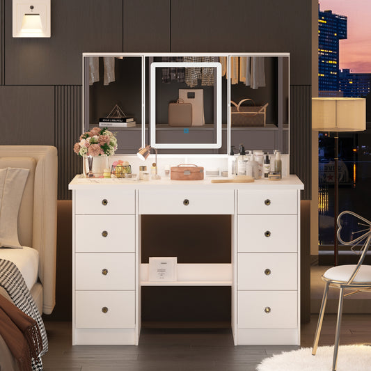 OxyLife Vanity Desk with Mirror and Lights, 9 Piece, LED Light and Storage Table Set, White/Grey