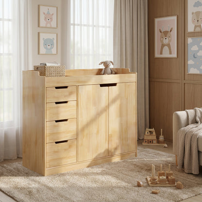 OXYLIFE 47.2'' Solid Wood Baby Changing Table Dresser with 4 Drawers and 2 Doors, Modern Nursery Dresser with Changing Table Top,Safety Guardrails, Baby Diaper Station Cabinet for Kids Room, Natural