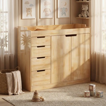 OXYLIFE 47.2'' Solid Wood Baby Changing Table Dresser with 4 Drawers and 2 Doors, Modern Nursery Dresser with Changing Table Top,Safety Guardrails, Baby Diaper Station Cabinet for Kids Room, Natural