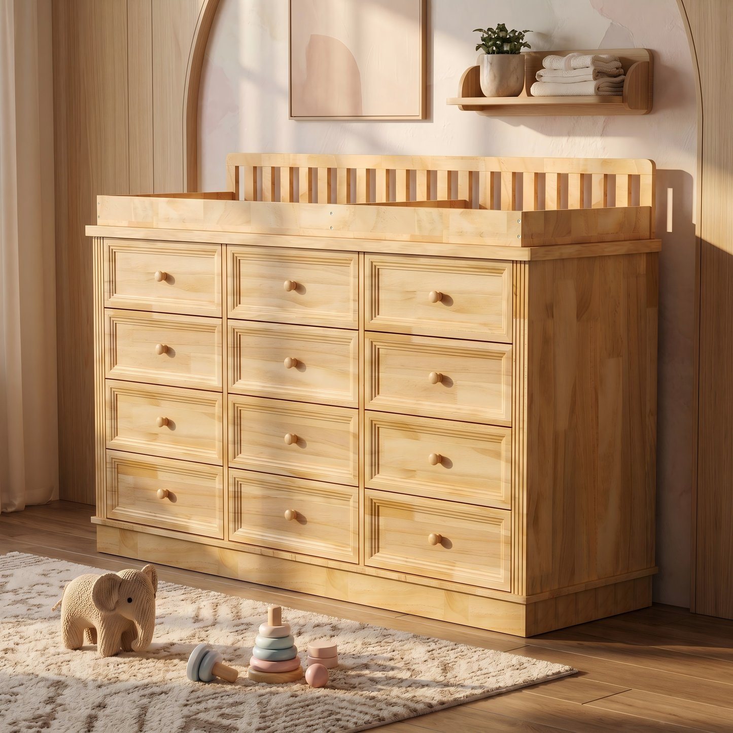 OXYLIFE Baby Changing Table Dresser, 100% Solid Wood Infant Diaper Changing Station Combo, 12-Drawer Dresser with Removable Tray for Nursery Bedroom, Nature Color 55.1" W