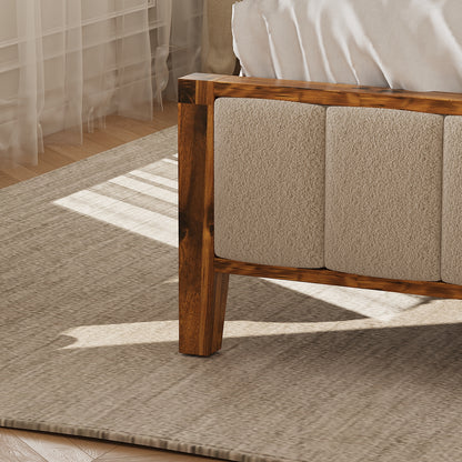 Oxylife Queen Size Bed Frame with Velvet Headboard,Upholstered Wood Platform Bed Frame,12 Slats,Walnut & Beige, 85.2”L x 62.8”W x 41”H