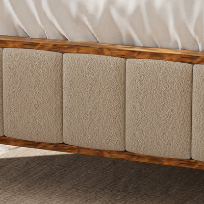 Oxylife Queen Size Bed Frame with Velvet Headboard,Upholstered Wood Platform Bed Frame,12 Slats,Walnut & Beige, 85.2”L x 62.8”W x 41”H