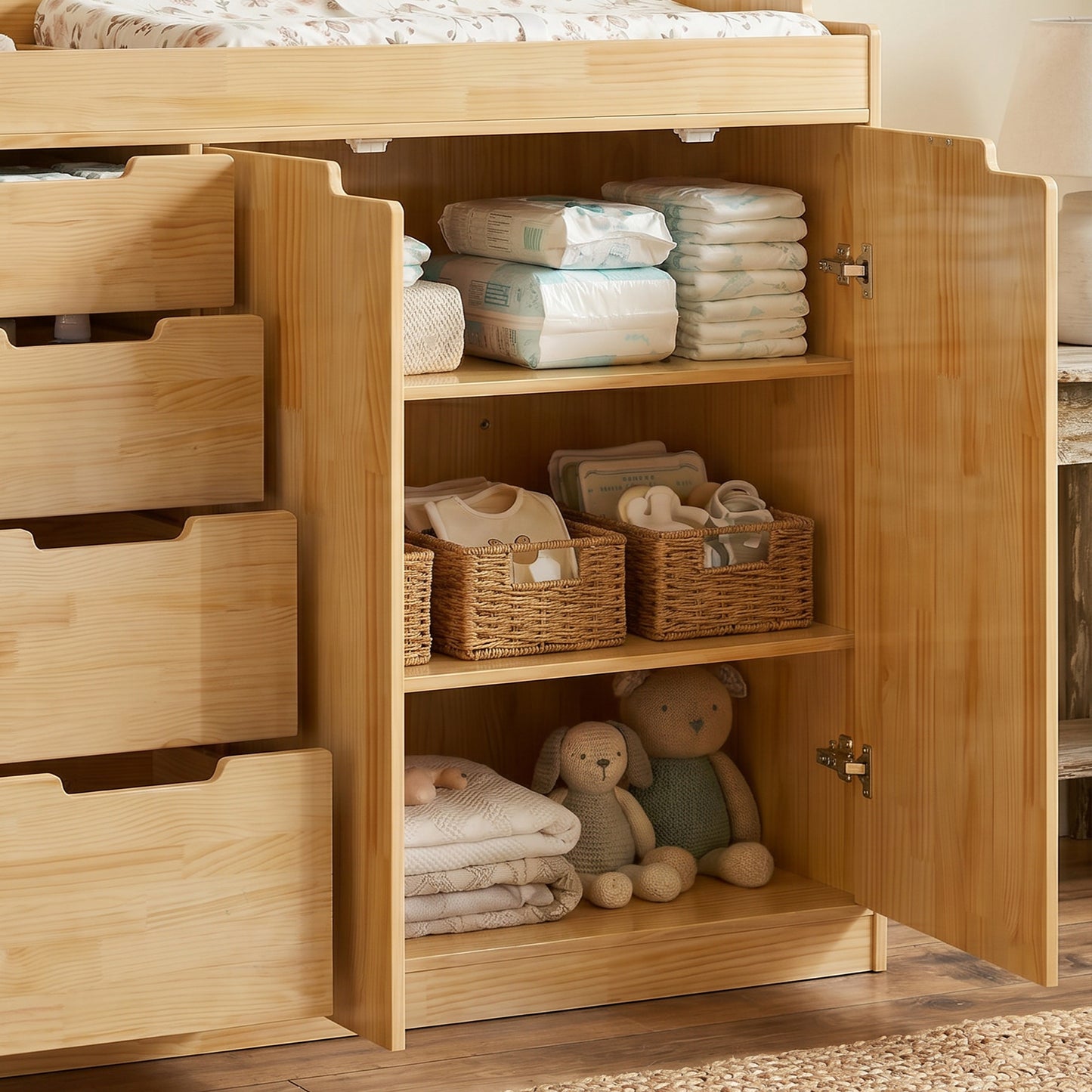 OXYLIFE 47.2'' Solid Wood Baby Changing Table Dresser with 4 Drawers and 2 Doors, Modern Nursery Dresser with Changing Table Top,Safety Guardrails, Baby Diaper Station Cabinet for Kids Room, Natural